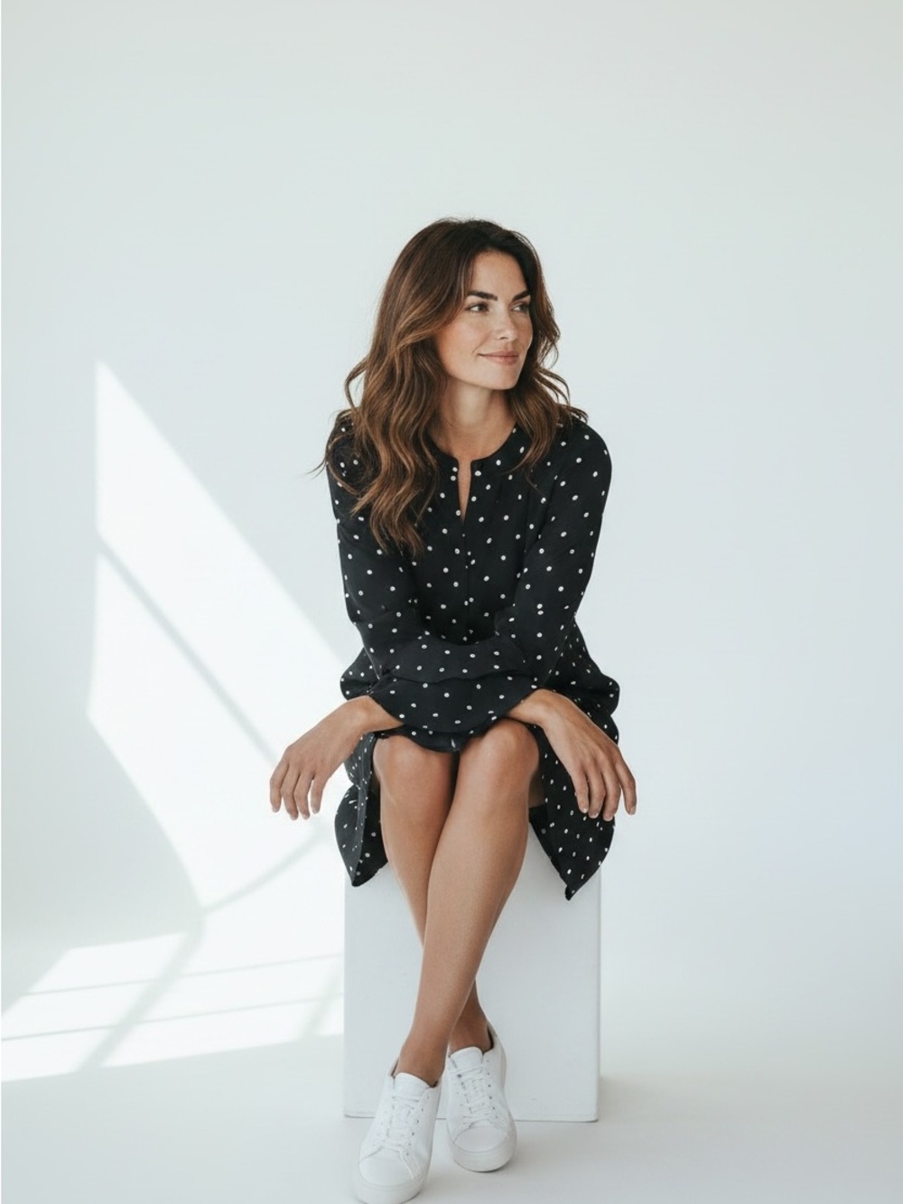 LOFT Black Polka Dot Long Sleeve Shift Dress - Picture 2 of 5